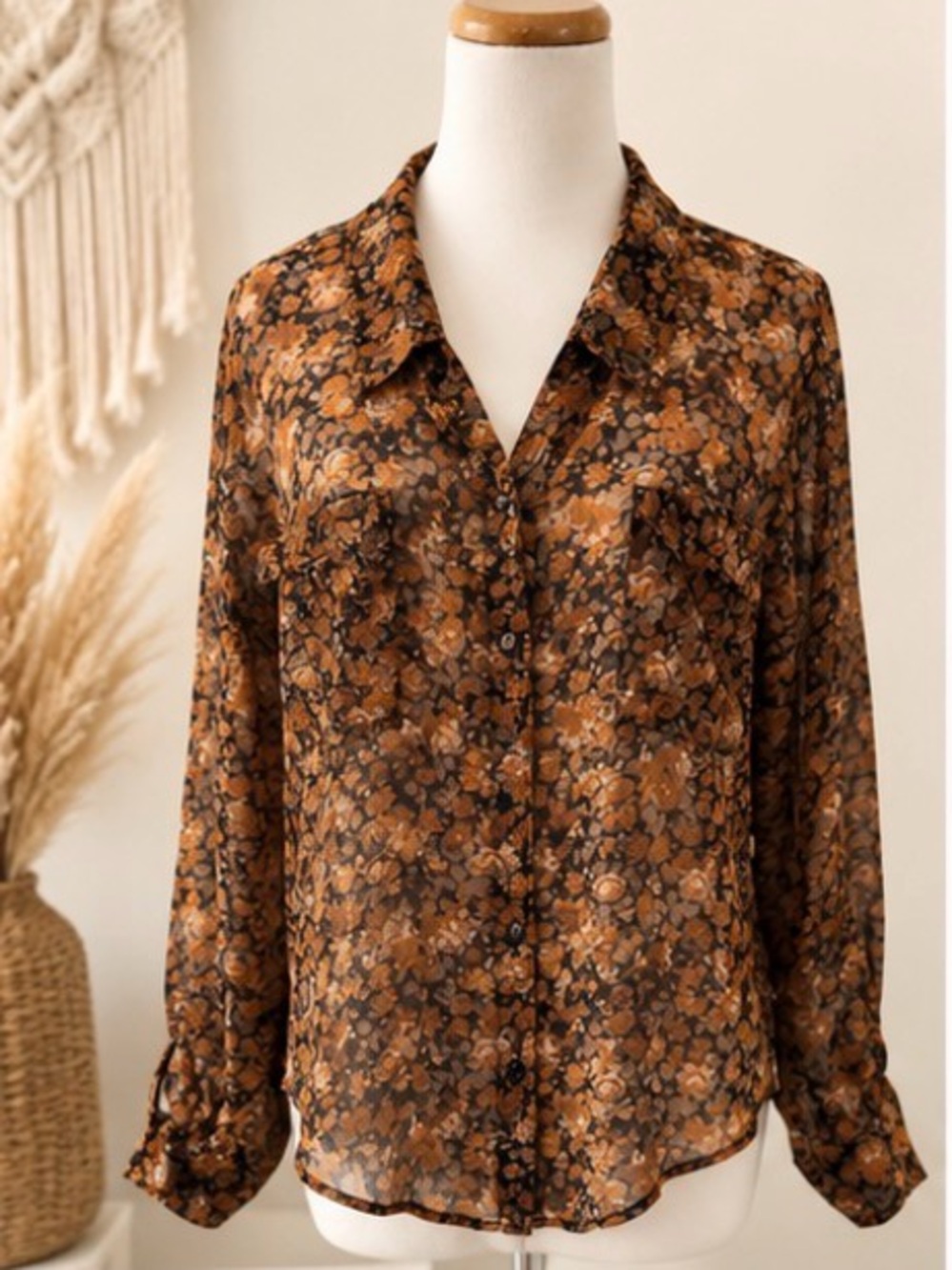 🆕 [Free People] Brown Floral Sheer Button Front Boho Blouse Sz XS Petite